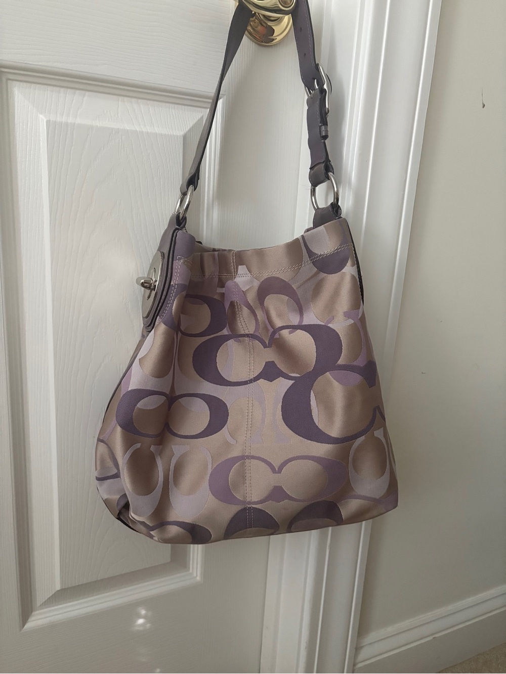 Women's Coach Signature Pattern Shoulder Bag in Taupe and Lavender with wallet